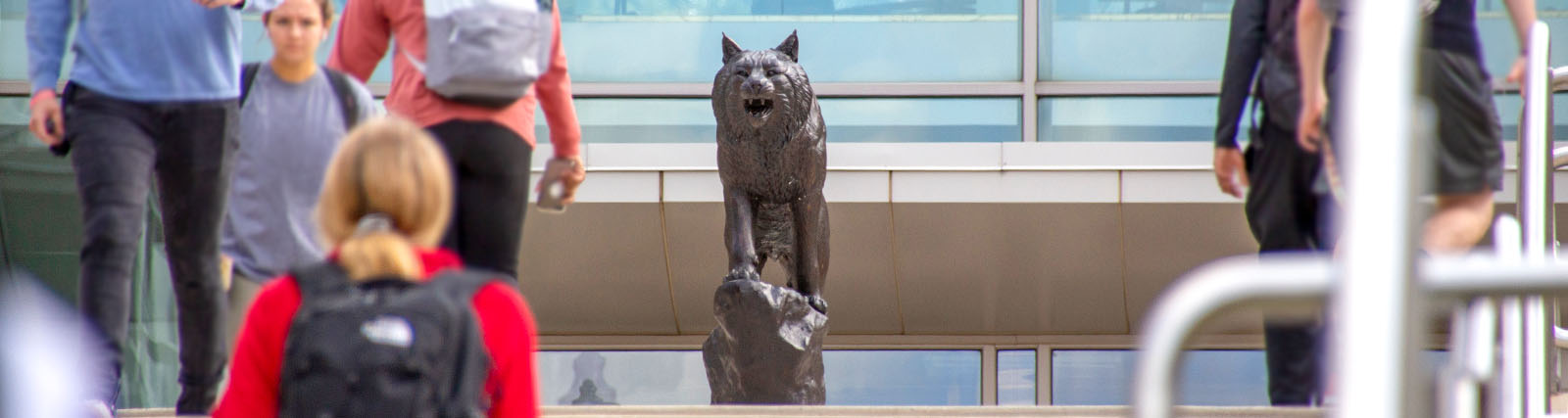 bobcat statue and students leaving class