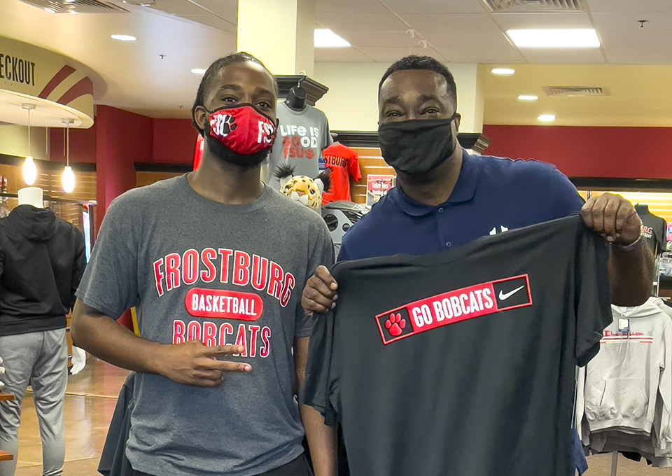 son and dad at bookstore
