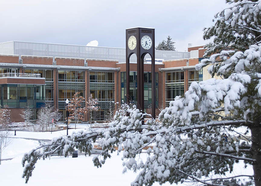 Frostburg MD Weather clock tower on snowy campus