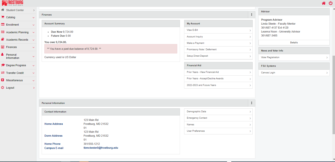 Student Center Finance Screen Shot
