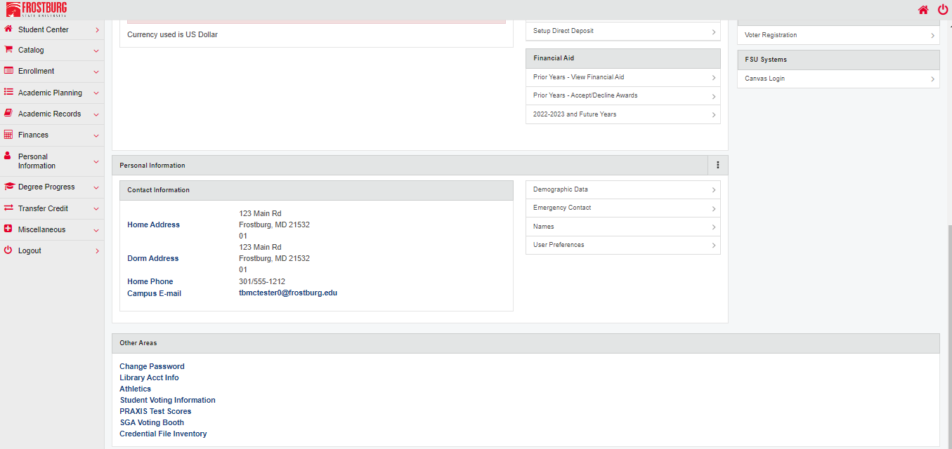 Student Center Contact Screen Shot