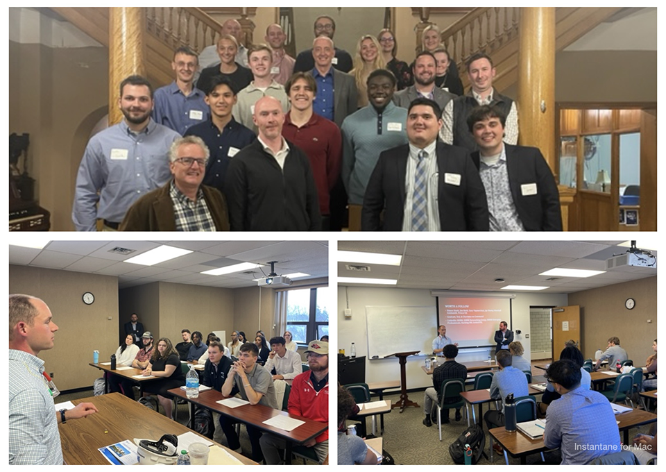 3 pictures - pic 1 Student Engagement Committee at the Historic Hotel Gunter. pic2 Speaker Ryan Bugas. pic3 Ryan Bugas and Dave Pishionari guest lecturers in Ethics class.