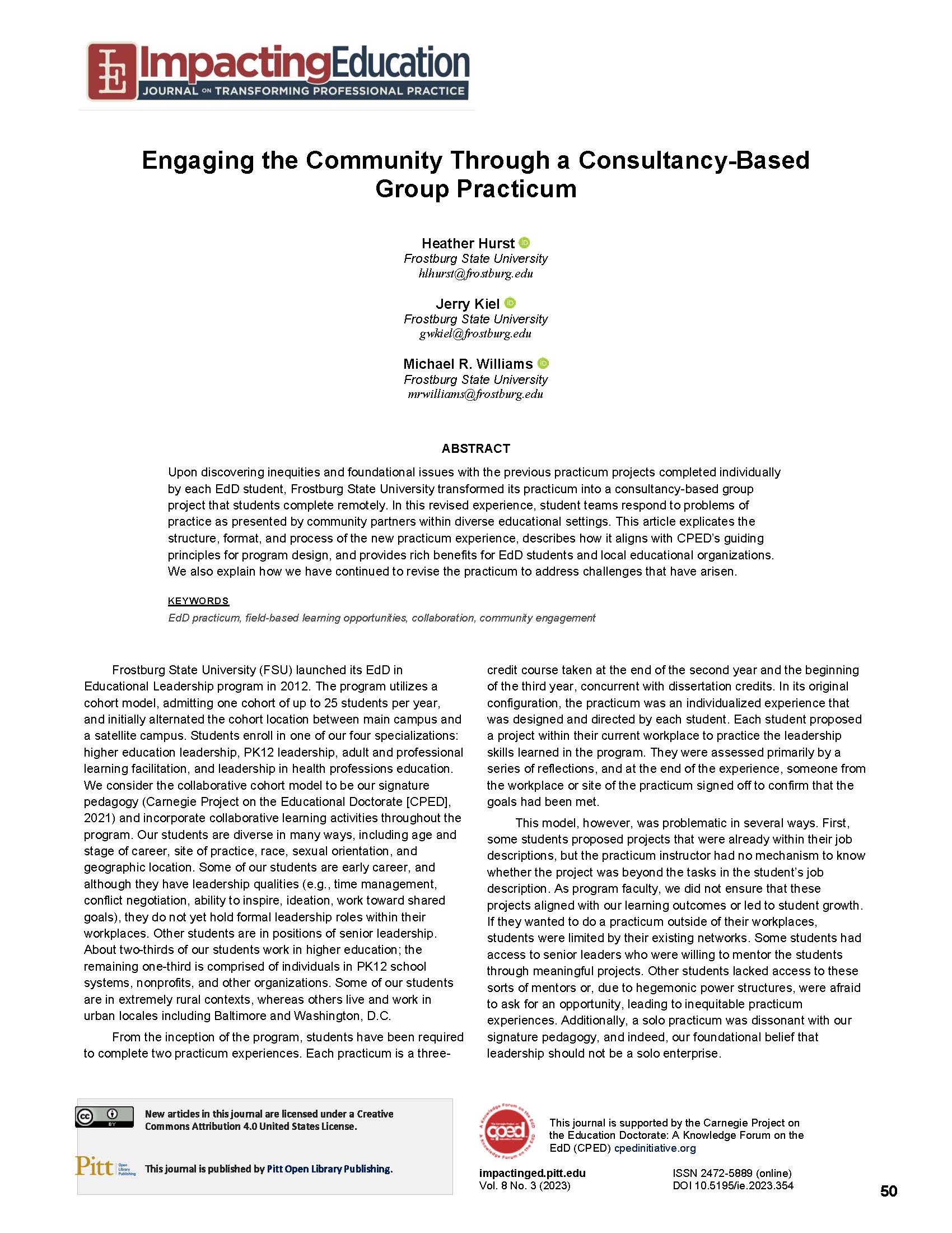 Presentation title page - Engaging the Community Through aConsultancy-Based Group Practicum