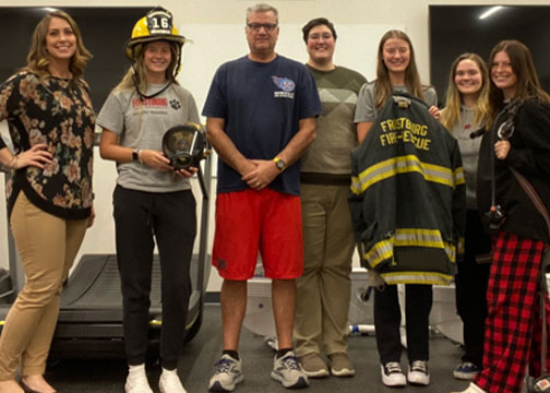Dr. Jackie Durst, associate professor of kinesiology at FSU; MSAT student Taylor Patrick; Assistant Fire Chief/PIO Matt McMorran; Dr. Lauren Pacinelli, Coordinator of Clinical Education in the Graduate Athletic Training program; MSAT student Jordan Patrick; MSAT Student Riannon Shagena; MSAT Student Ashlyn Catanese
