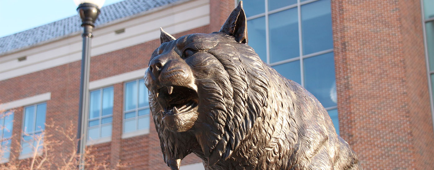 Close up of the bobcat statue that sits outside of the Compton Science Center