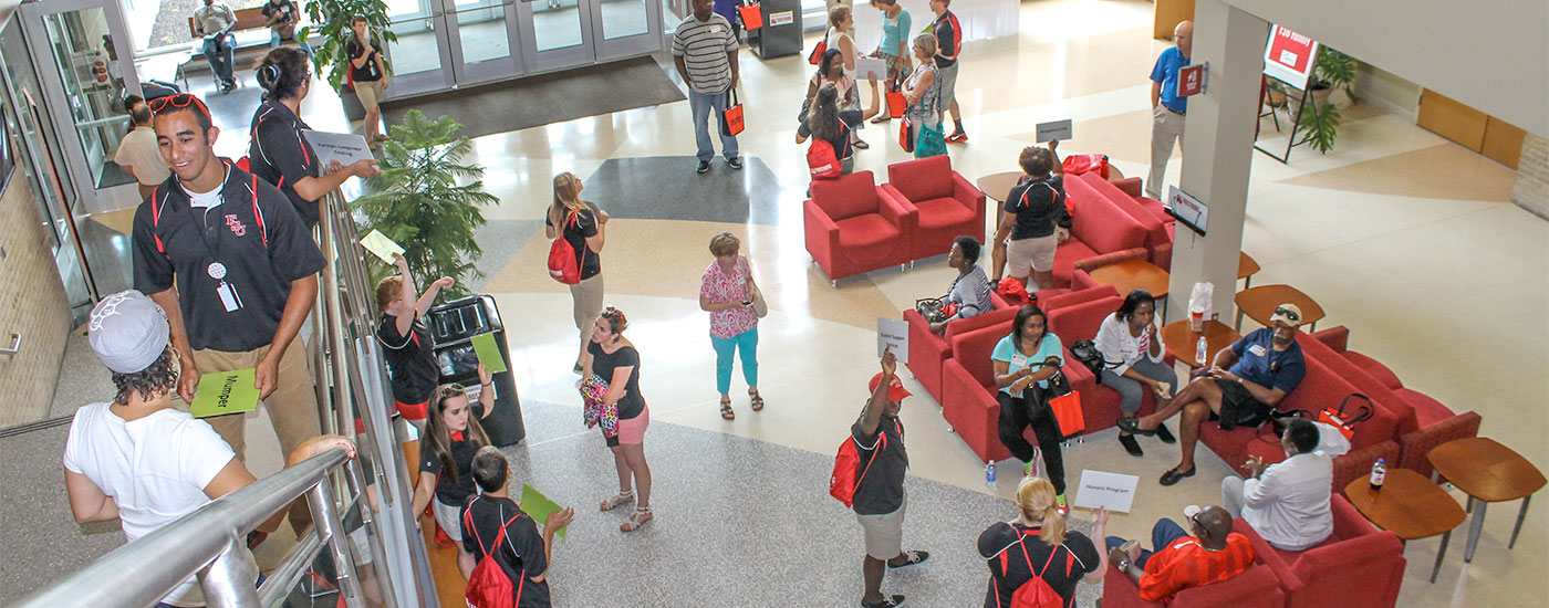 Bobcat Ambassadors talk to prospective students in the Lane Center during a welcome session