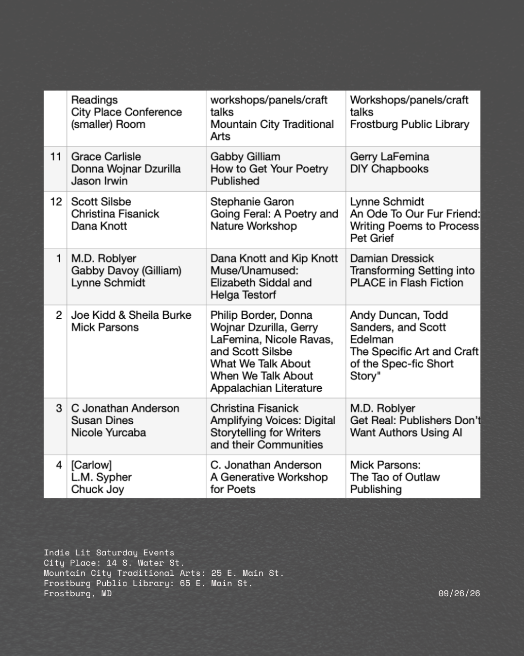 2026 Indie Lit Schedule of Saturday Events 