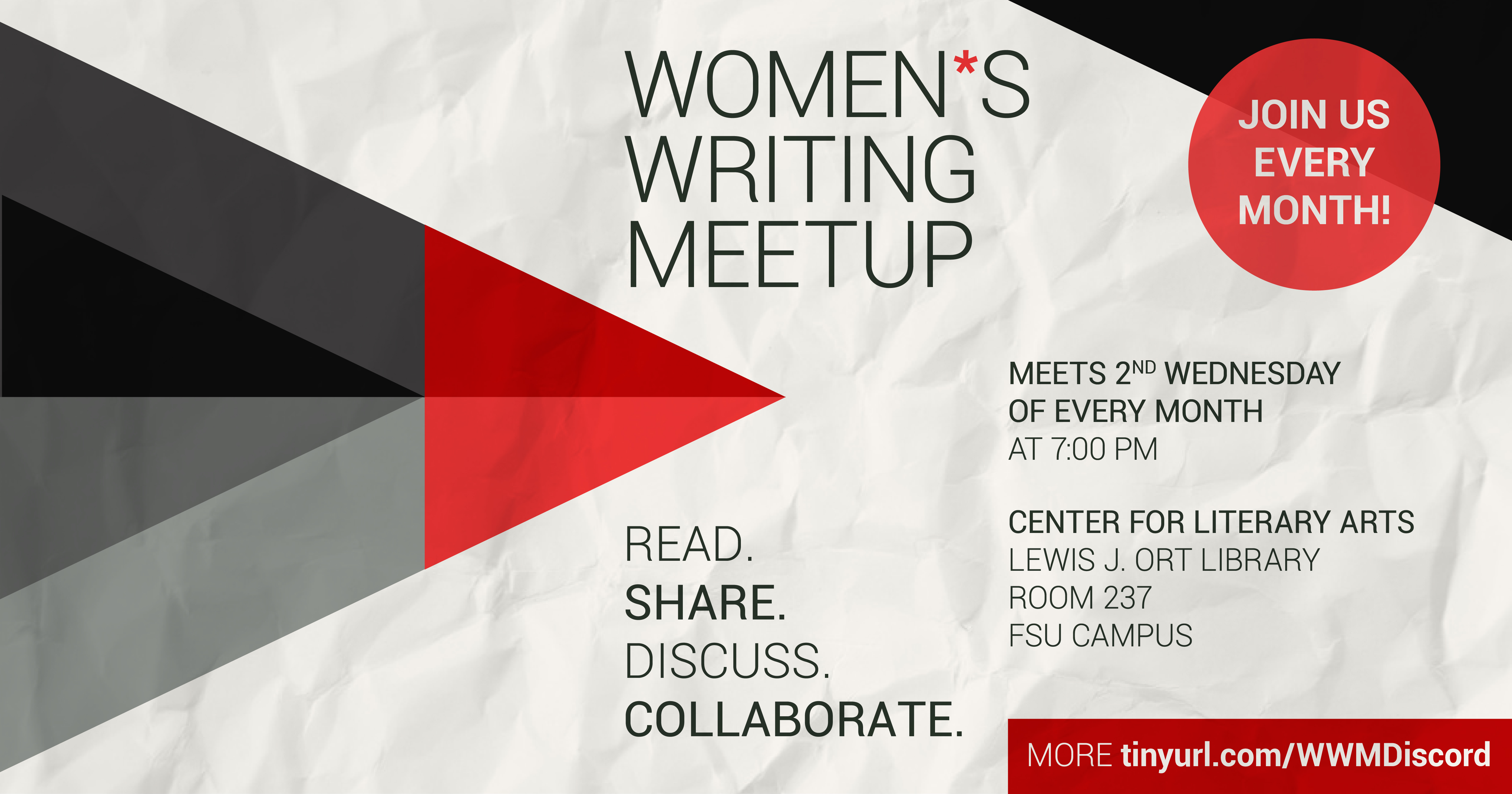 women's writing meetup graphic, includes the information that the group meets on the second Wednesday of each month at 7 PM