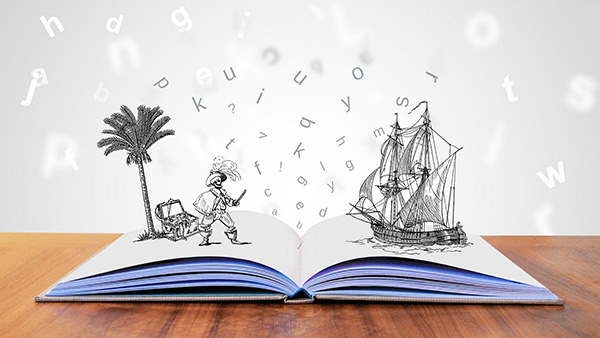 open book with illustrated pirates popping out of it