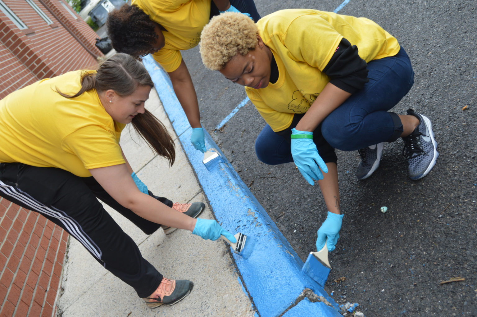 Students painting curbs