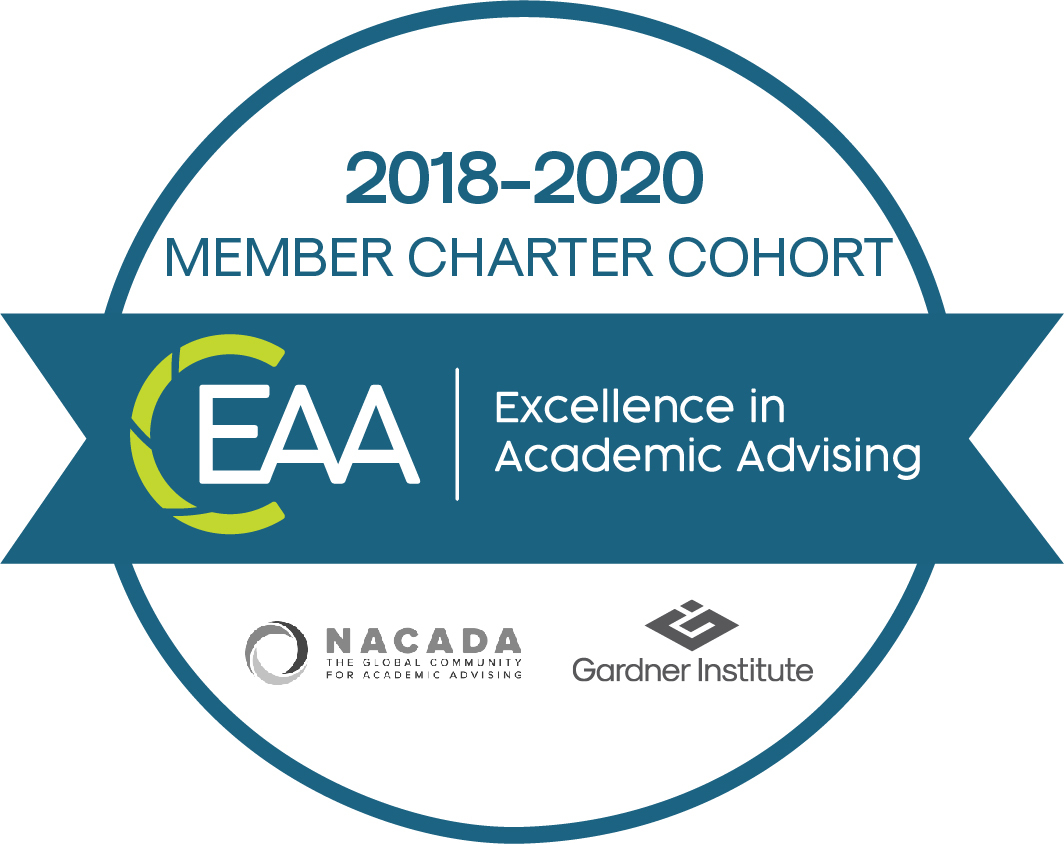 A badge showing completion of Excellence in Academic Advising. Badge text: 2018-2020 Member Charter Cohort. EAA: Excellence in Academic Advising. 