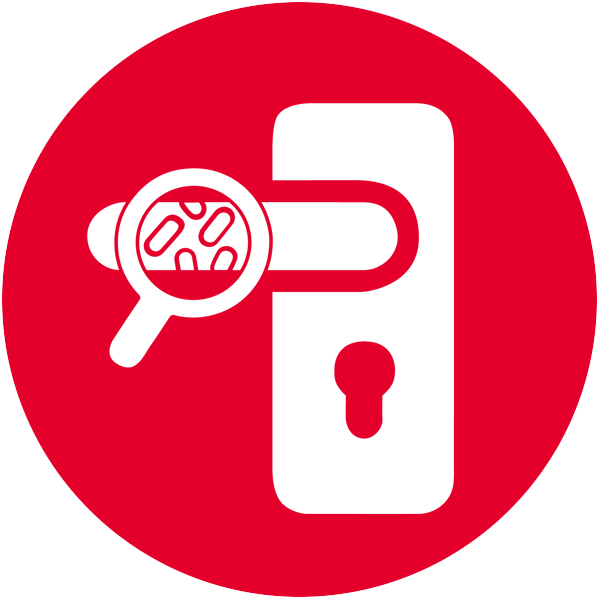 red circle white doorknob with germs icon