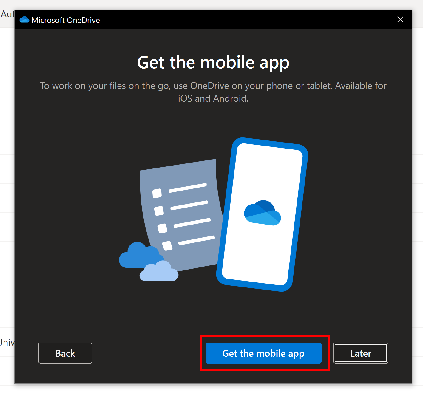 Microsoft OneDrive setup asking about Mobile app, highlighting the Get the mobile app