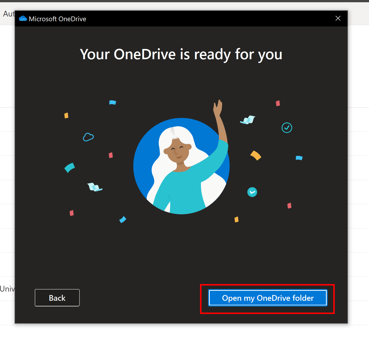 OneDrive setup complete, highlighting Open my OneDrive Folder.
