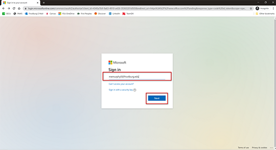 Microsoft login page highlighting the email address and next.