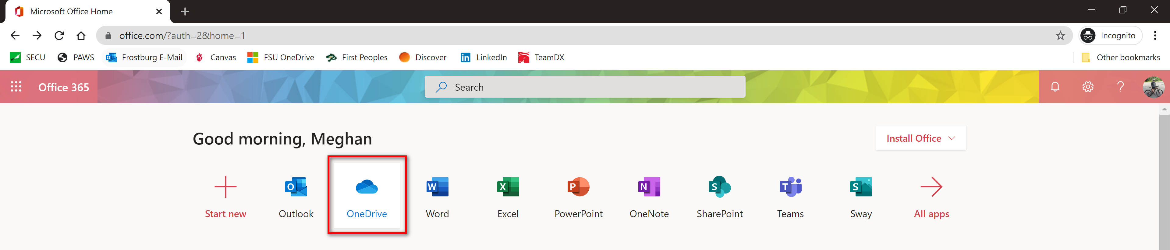 Microsoft bar of apps, highlighting OneDrive