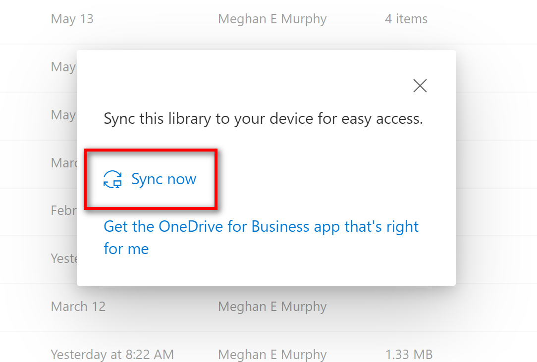 Pop up to sync OneDrive, highlighting the Sync now button