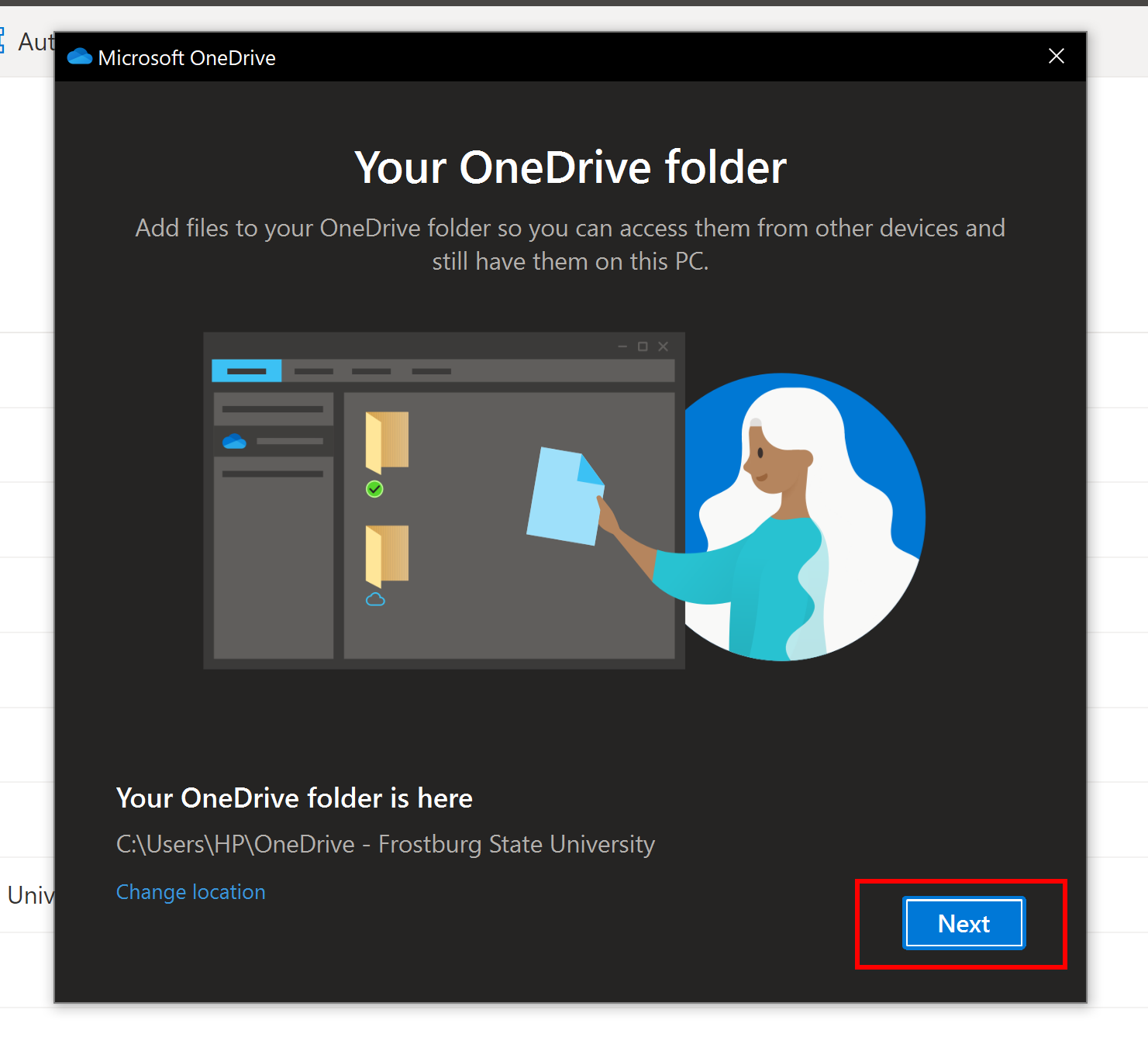 OneDrive folder location,, highlighting next.