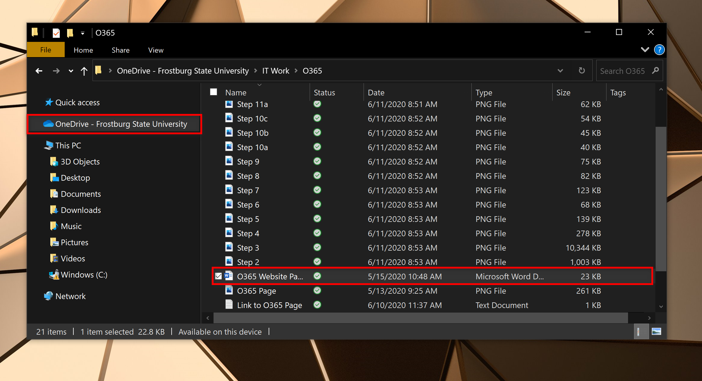 File explorer highlighting a word document and FSU OneDrive