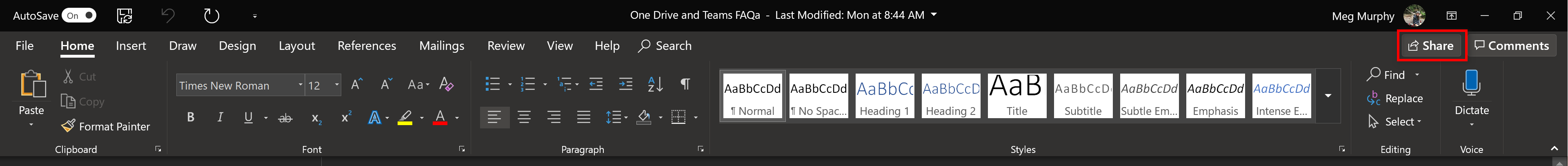 Microsoft word ribbon with Share highlighted