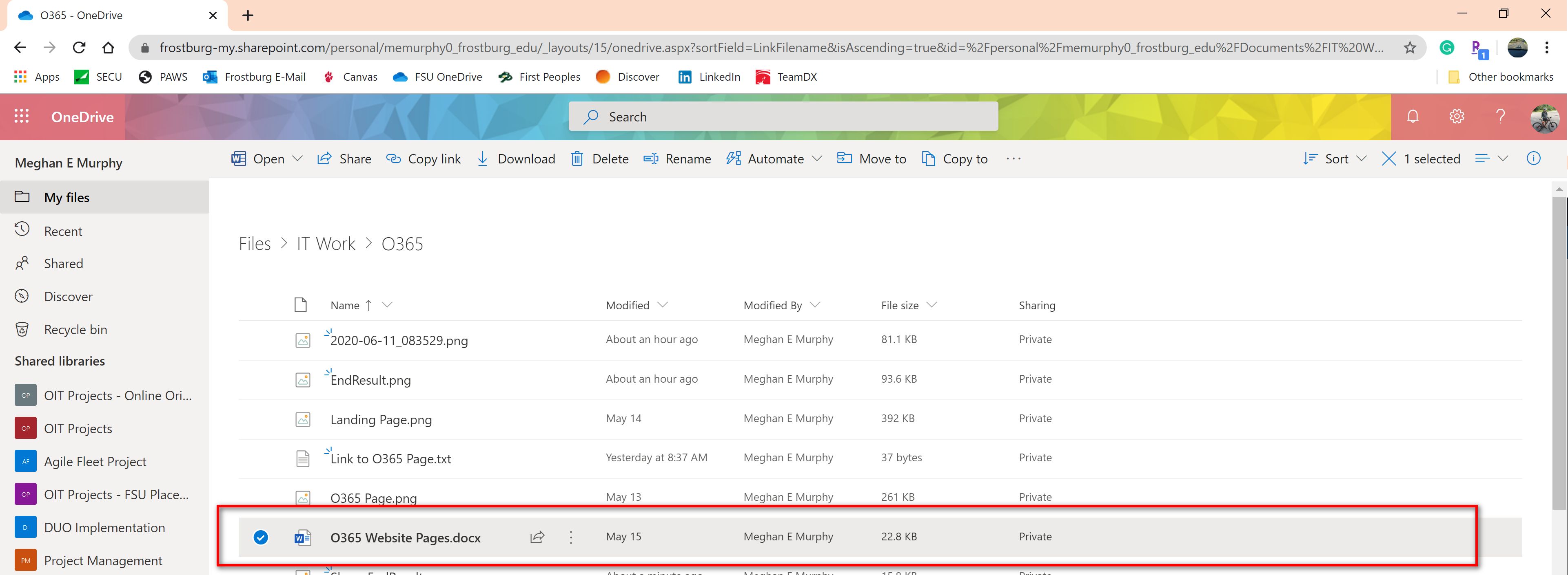 Office 365 OneDrive highlighting selecting a file