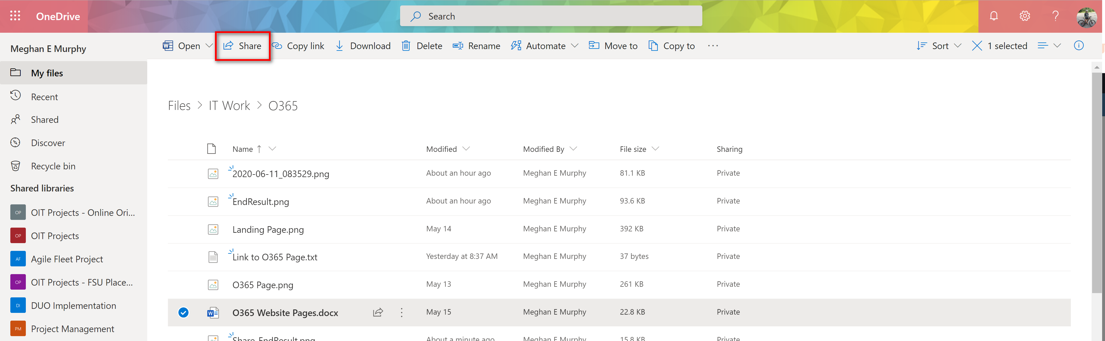 OneDrive page highlighting the Share  
