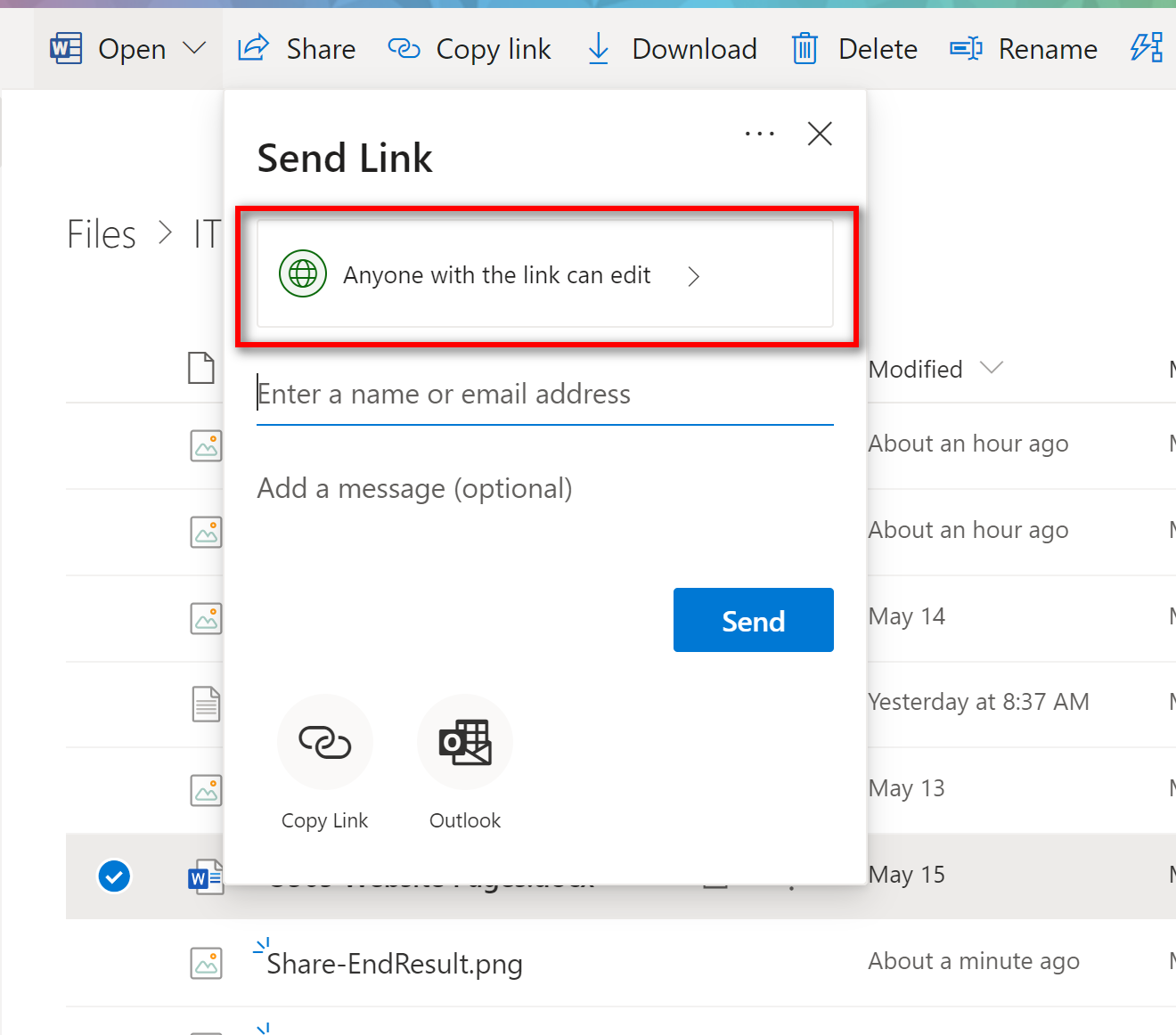 Share option highlighting the Anyone with this link