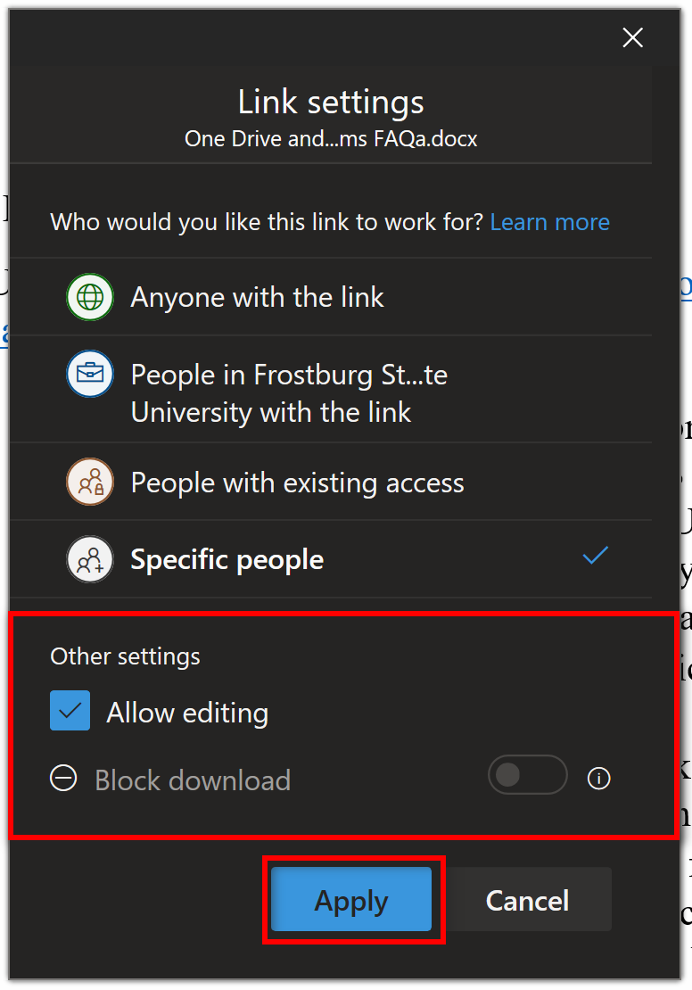 word share, highlighting the other settings and apply
