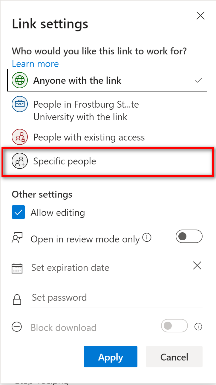 OneDrive share option highlighting the specific people