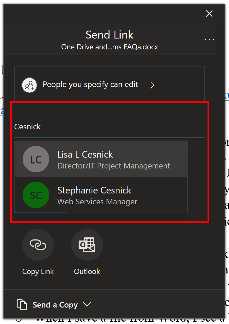 word share highlighting the typing the name and selecting it