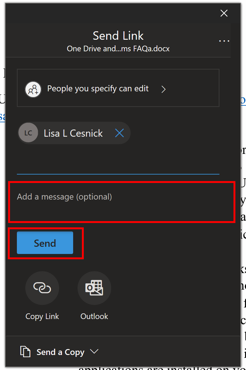 Microsoft share highlighting the optional message and send