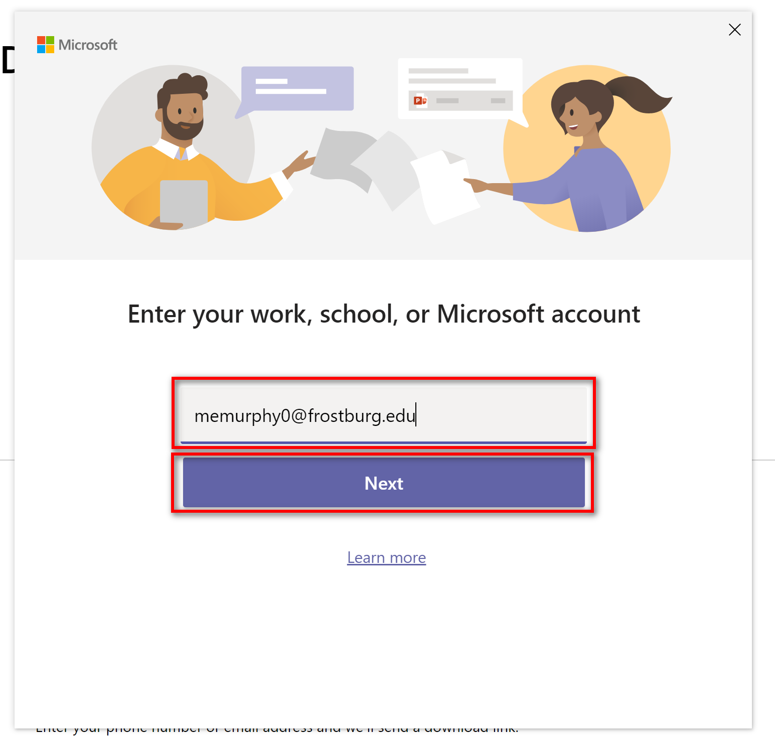 Teams application asking for email address