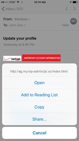 Displaying target URL on a mobile device
