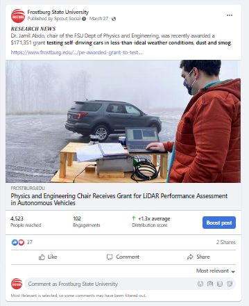 sample facebook post showing image message and analytics
