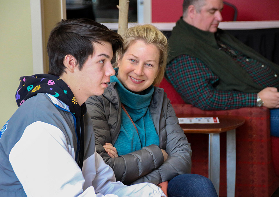 mom and son at open house