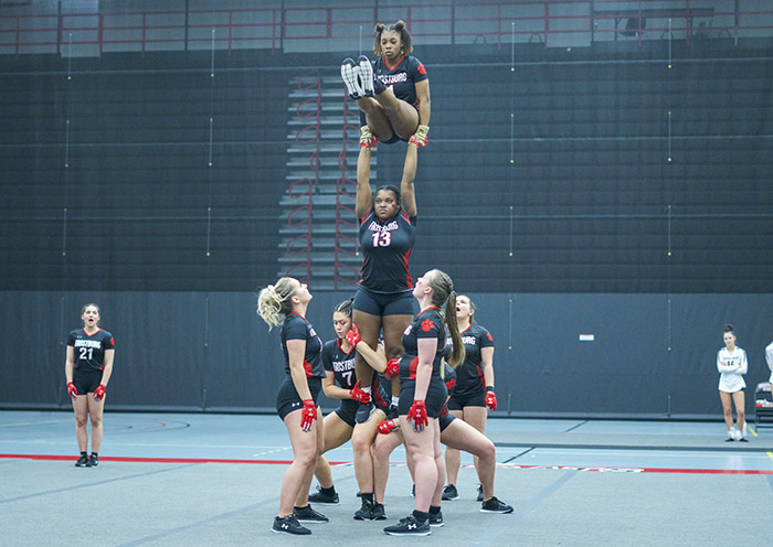 team member at the top of a human pyramid