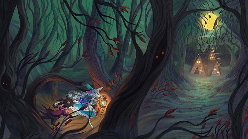 "Dark Woods" illlustration goat and rabbit come upon a cottage in the dark wooks