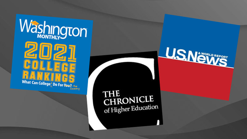 logos for Washington Monthly, Chronicle of Higher Education and U.S. News & World Report