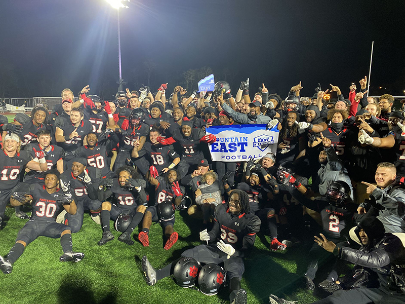 Bobcats celebrate their lopsided victory over West Liberty in the last game of the season, ensuring them a share of the Mountain East Conference Championship