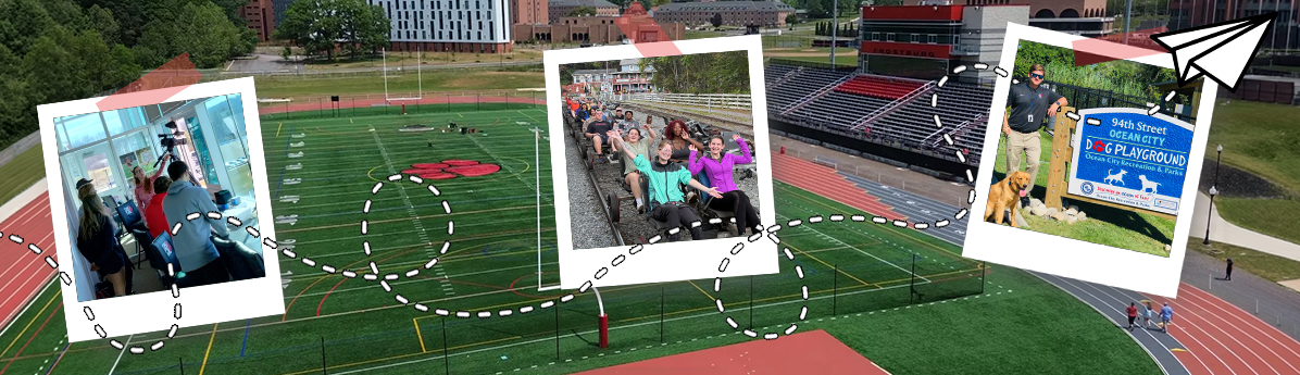 Students on rail car, dog playground Ocean City, MD and Students filming in football announcer booth