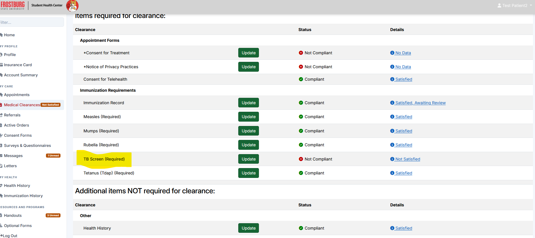 Screen shot of patient portal for the TB area