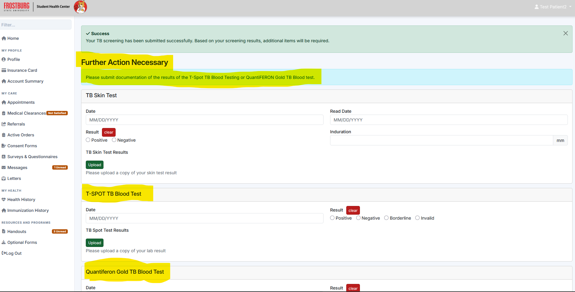Screen shot of patient portal for the TB area