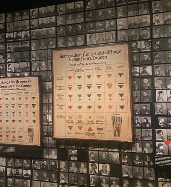 The display shows the labels marked on the Jewish people who were in the internment camps as they were separated not only by their identity as being Jewish but also as being homosexual, an emigrant, a career criminal, a Jehovah’s Witness, even as being anti-social.